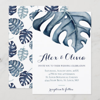 Blauwe Waterverf Monstera verlaat bruiloft Kaart