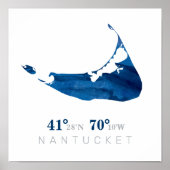 Blauwe Waterverf Nantucket-kaart met coördinaten Poster (Voorkant)