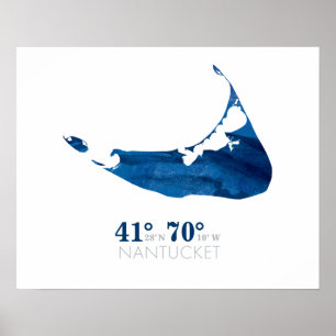 Blauwe Waterverf Nantucket-kaart met coördinaten Poster