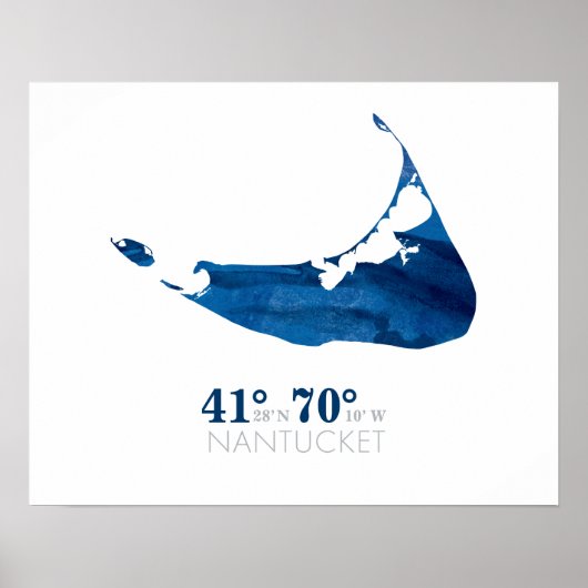 Blauwe Waterverf Nantucket-kaart met coördinaten Poster (Voorkant)