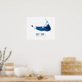 Blauwe Waterverf Nantucket-kaart met coördinaten Poster (Keuken)