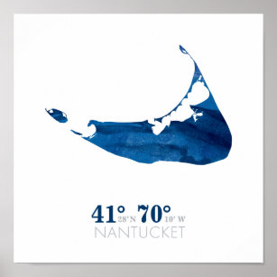 Blauwe Waterverf Nantucket-kaart met coördinaten Poster