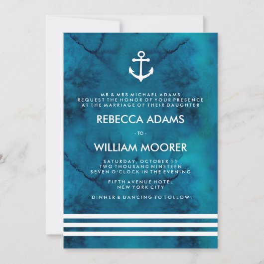 Blauwe Waterverf Nautical Wedding Kaart (Voorkant)