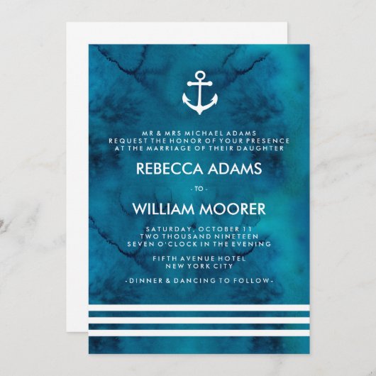 Blauwe Waterverf Nautical Wedding Kaart (Voorkant / Achterkant)