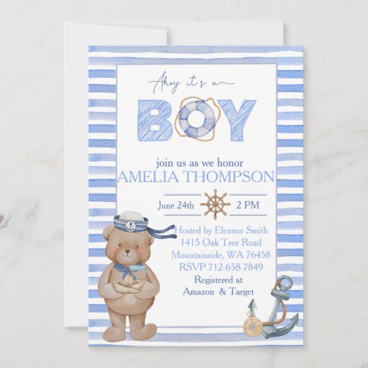 Blauwe waterverf nautische beer anker baby shower kaart (Voorkant)