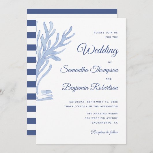 Blauwe Waterverf nautische bruiloft strand thema Kaart (Voorkant / Achterkant)