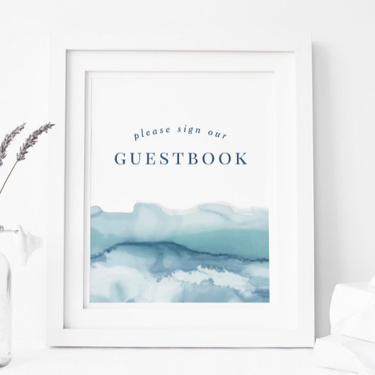 Blauwe Waterverf Oceaan Bruiloft Gastenboek Teken Poster