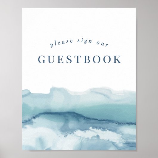 Blauwe Waterverf Oceaan Bruiloft Gastenboek Teken Poster (Voorkant)