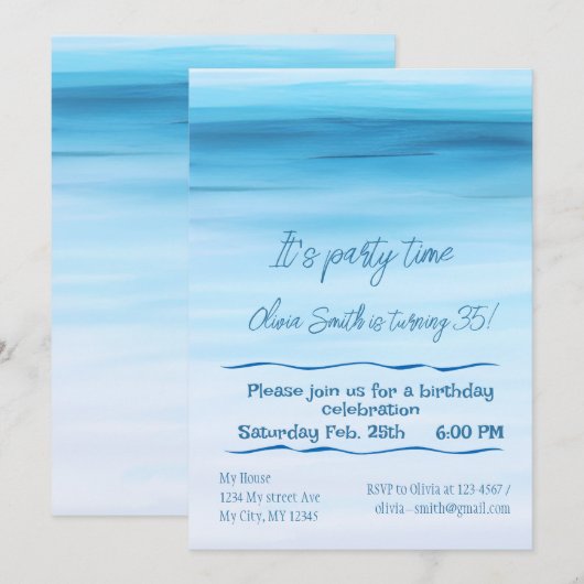 Blauwe waterverf oceaan verjaardag minimalistisch  kaart (Voorkant / Achterkant)