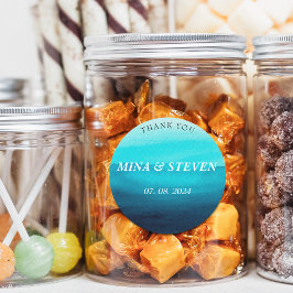 Blauwe waterverf oceaan zomer bruiloft ronde sticker