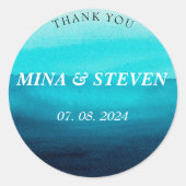Blauwe waterverf oceaan zomer bruiloft ronde sticker (Voorkant)