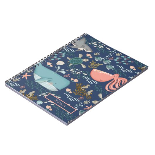 Blauwe Waterverf Ocean Animal Art Name Monogram Notitieboek (Linkerzijde)