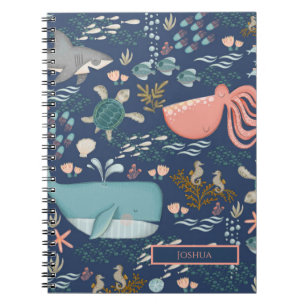 Blauwe Waterverf Ocean Animal Art Name Monogram Notitieboek