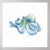 Blauwe Waterverf octopus tekening Poster (Voorkant)