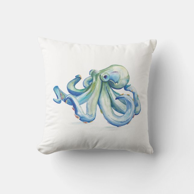 Blauwe Waterverf Octopus Worpkussen Kussen (Voorkant)