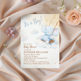 Blauwe Waterverf Olifant Schommelende Jongens Baby Kaart