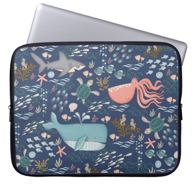 Blauwe Waterverf onder de Zee Ocean Animal Art Laptop Sleeve (Voorkant)