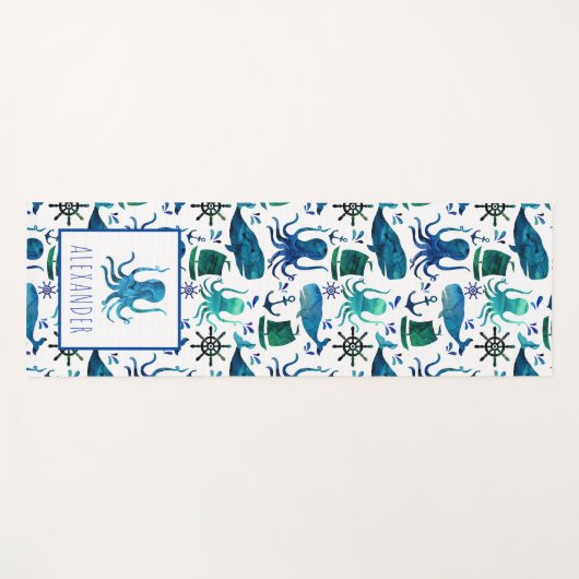 Blauwe Waterverf onder de Zee Octopus Kinderen Yogamat (Voorkant (horizontaal))