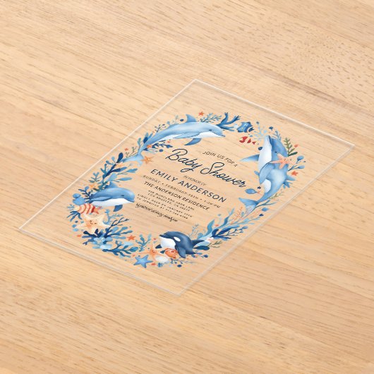 Blauwe Waterverf Onder-het-Zee Baby shower Acryl Uitnodigingen (Laagn)