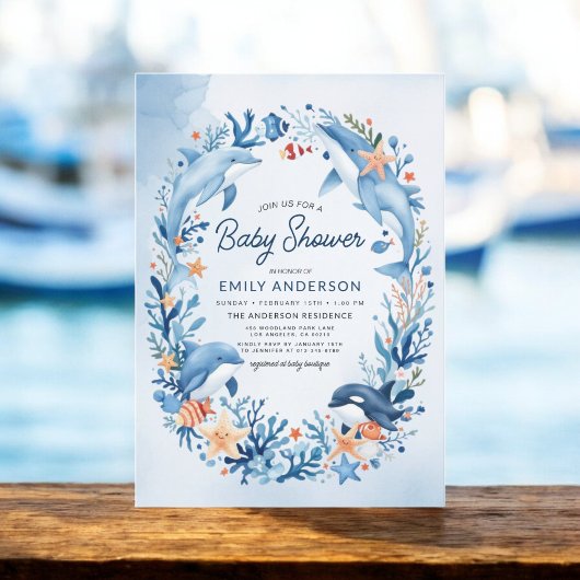Blauwe Waterverf Onder-het-Zee Baby shower Kaart