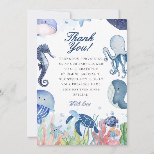 Blauwe waterverf onder het zeeen baby shower bedankkaart (Voorkant)