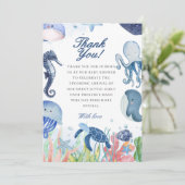 Blauwe waterverf onder het zeeen baby shower bedankkaart (Staand voorkant)