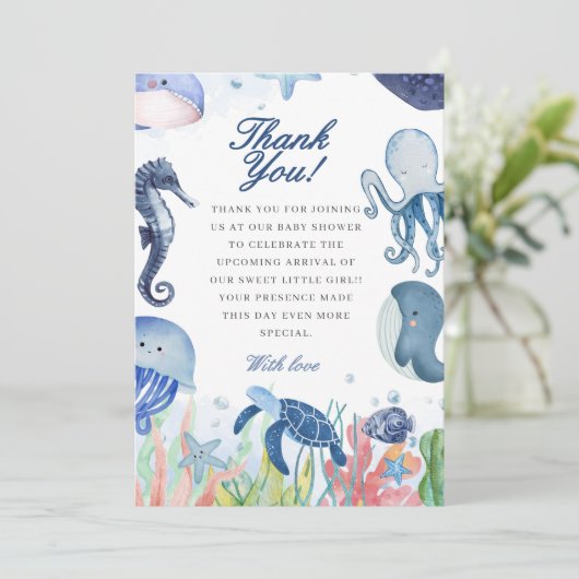 Blauwe waterverf onder het zeeen baby shower bedankkaart (Staand voorkant)