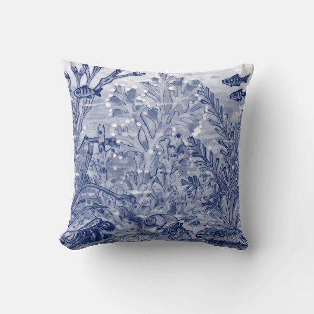 Blauwe Waterverf onder Zee Ocean Beach House Crab Kussen (Voorkant)