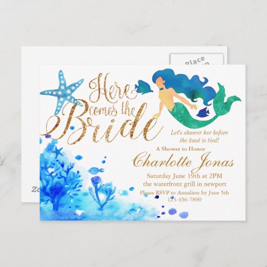 Blauwe waterverf onderzeese zoete zeemeermaïde gou uitnodiging briefkaart (Voorkant / Achterkant)