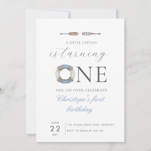 Blauwe waterverf Onze Kleine Kapitein Draait Eén Kaart (Voorkant)