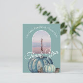 Blauwe Waterverf Onze kleine pompoen Baby shower Bedankkaart (Staand voorkant)