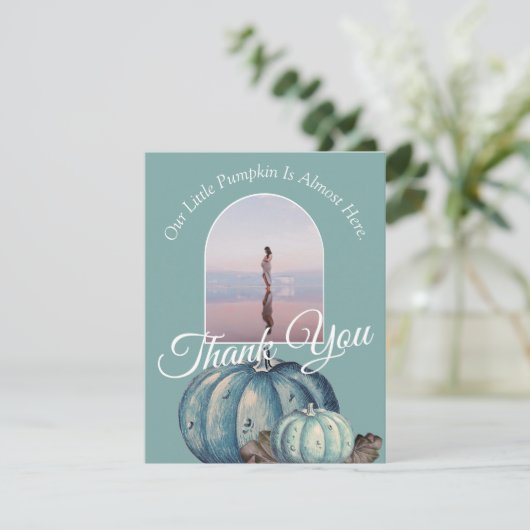 Blauwe Waterverf Onze kleine pompoen Baby shower Bedankkaart (Staand voorkant)