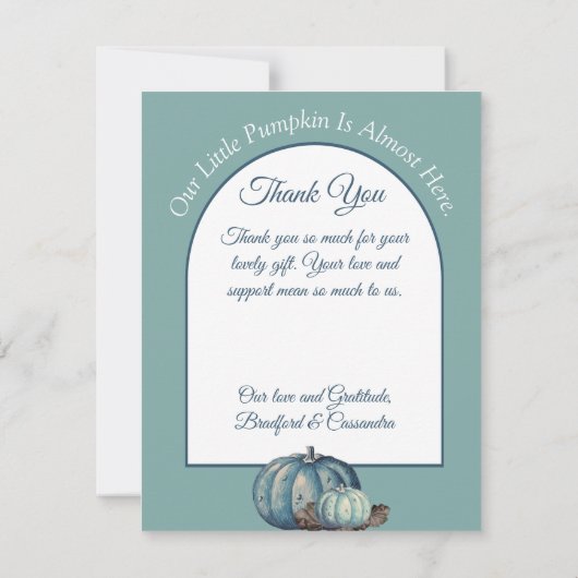 Blauwe Waterverf Onze kleine pompoen Baby shower Bedankkaart (Achterkant)