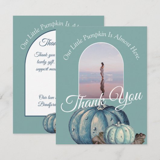 Blauwe Waterverf Onze kleine pompoen Baby shower Bedankkaart (Voorkant / Achterkant)