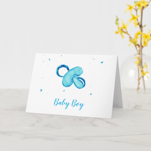 Blauwe waterverf pacifier baby kaart (Gele Bloem)