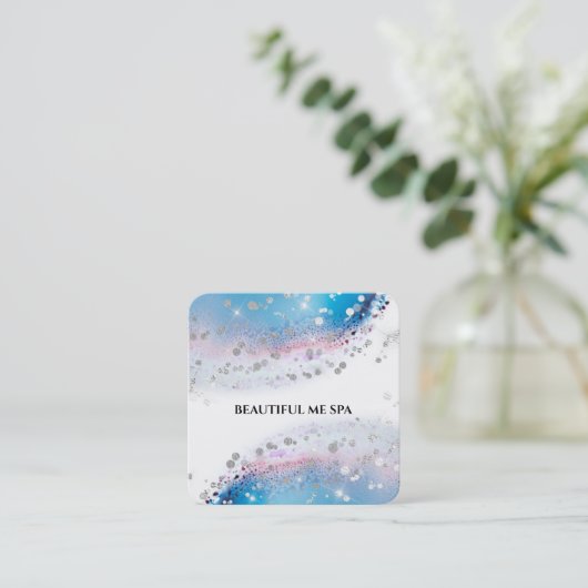 *~* Blauwe Waterverf Pastel Abstract Silver Glitte Vierkante Visitekaartje (Staand voorkant)