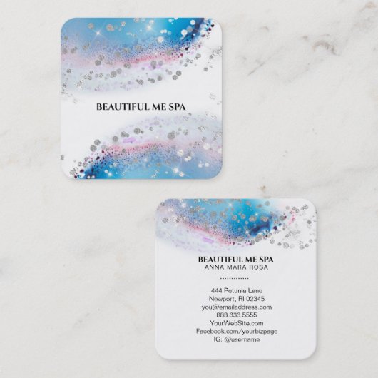 *~* Blauwe Waterverf Pastel Abstract Silver Glitte Vierkante Visitekaartje (Voorkant / Achterkant)