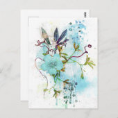 Blauwe Waterverf Pastel Floral Briefkaart (Voorkant / Achterkant)