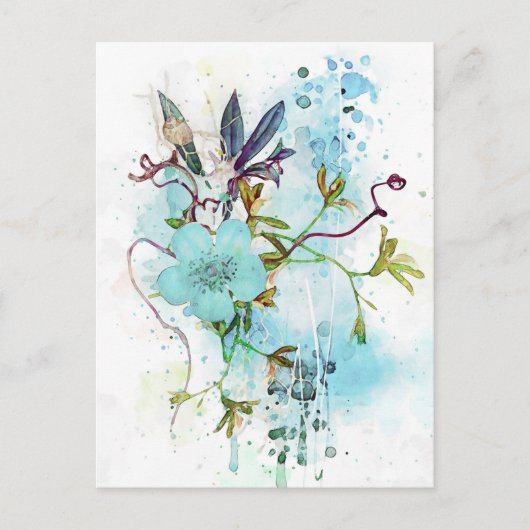Blauwe Waterverf Pastel Floral Briefkaart (Voorkant)