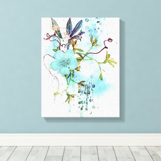 Blauwe Waterverf Pastel Floral Canvas Afdruk (Insitu (Houten vloer))