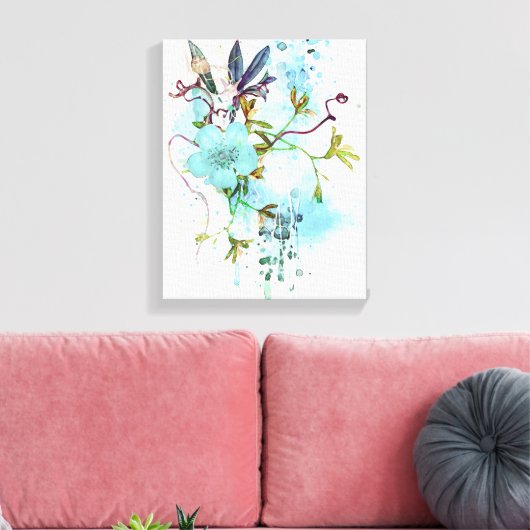 Blauwe Waterverf Pastel Floral Canvas Afdruk (Insitu (Woonkamer))