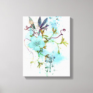Blauwe Waterverf Pastel Floral Canvas Afdruk