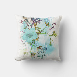 Blauwe Waterverf Pastel Floral Kussen