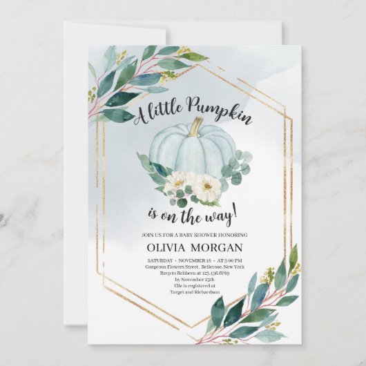 Blauwe waterverf pastel greenery kleine pompoen kaart (Voorkant)