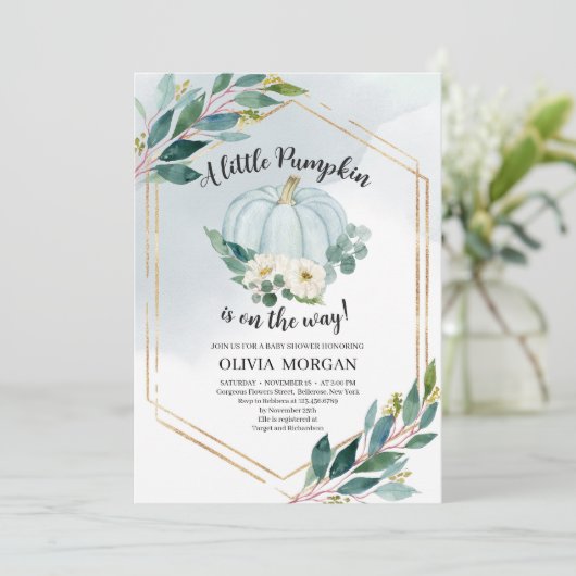 Blauwe waterverf pastel greenery kleine pompoen kaart (Staand voorkant)