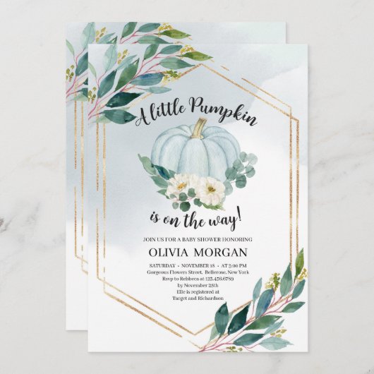 Blauwe waterverf pastel greenery kleine pompoen kaart (Voorkant / Achterkant)