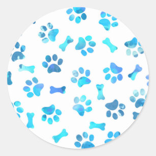Blauwe Waterverf Paw Prints Classic Ronde Sticker
