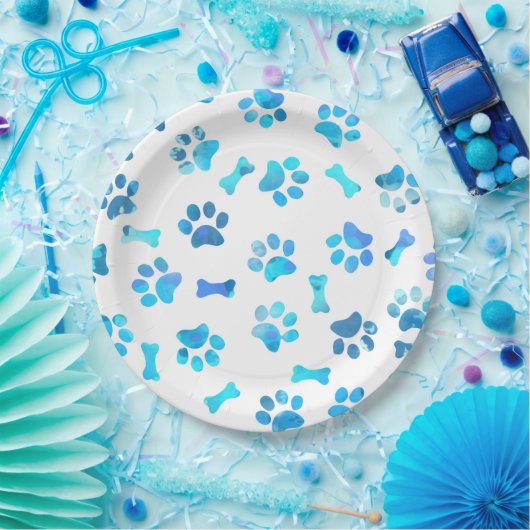 Blauwe Waterverf Paw Prints Papier Bord (Feest)