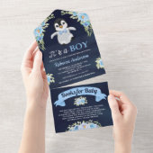 Blauwe Waterverf Penguin Navy Baby shower All In One Uitnodiging (Afscheurbaar)