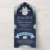 Blauwe Waterverf Penguin Navy Baby shower All In One Uitnodiging (Binnen)